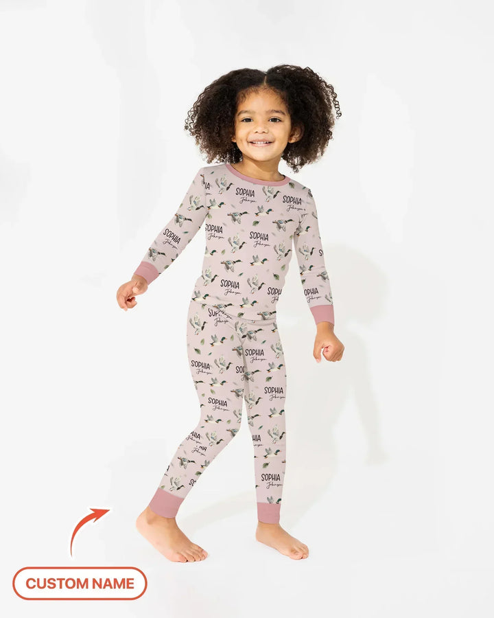 Pijama de dos piezas de bambú de manga larga para bebé con nombre personalizado, diseño de pato ánade real
