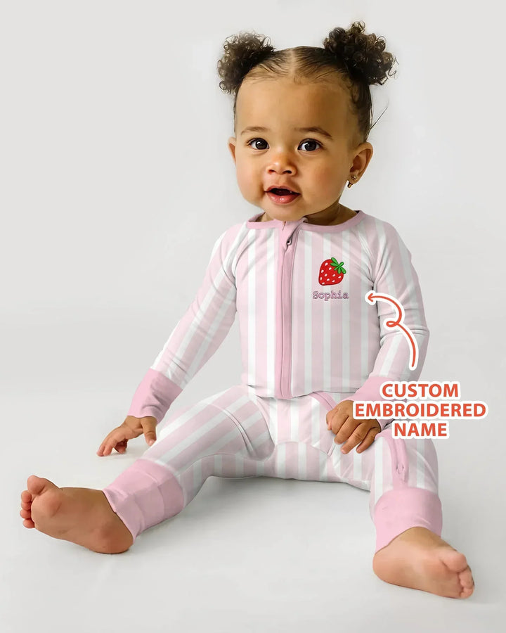 Personalized Embroidered Pink Stripes Baby Bamboo Convertible Zippy