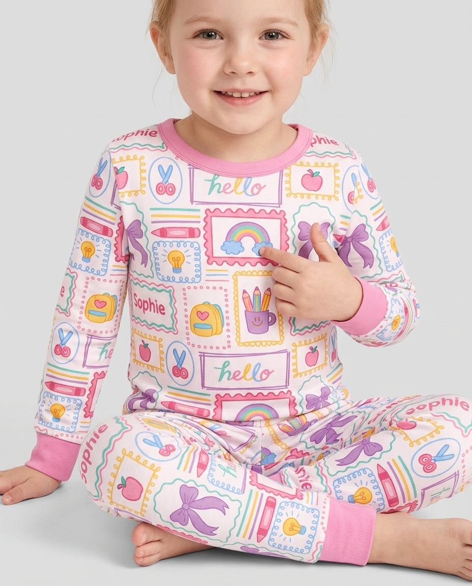 Custom Name Hello School Bamboo Two Piece Long Sleeve Pajama Set