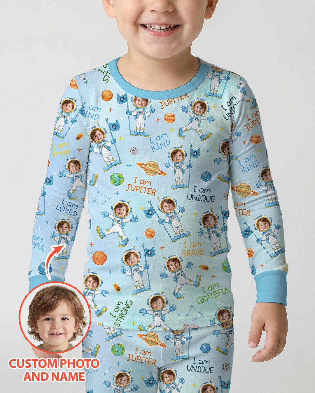 Custom Photo Kid Affirmations I Am Kind Astronaut Bamboo Two Piece Long Sleeve Pajama Set