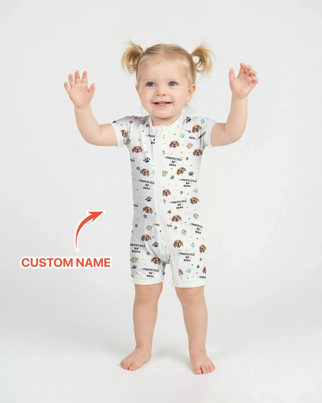 Custom Dog Photo Pattern "Protected By" Shorty Zippered Romper