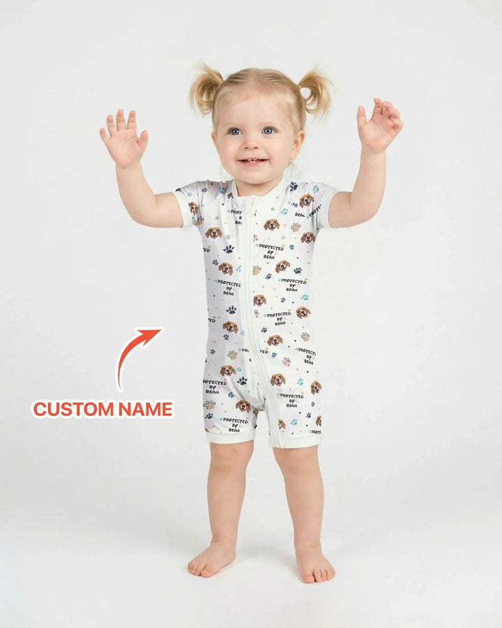 Custom Dog Photo Pattern "Protected By" Shorty Zippered Romper