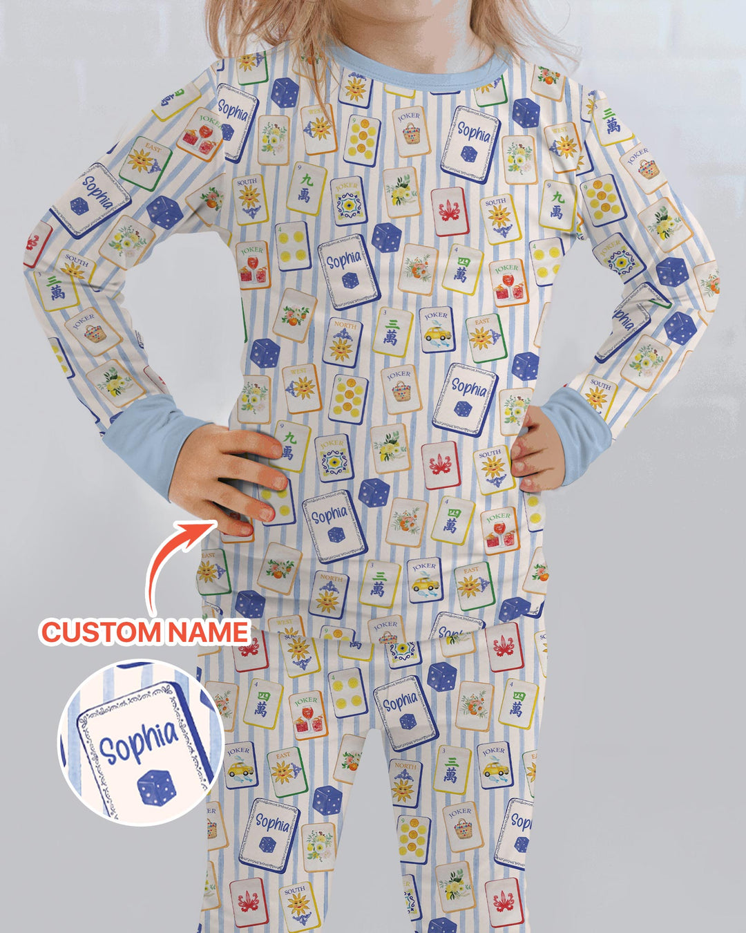 Coastal Mahjong Custom Name Mommy & Me Matching Bamboo Two Piece Long Sleeve Pajama Set