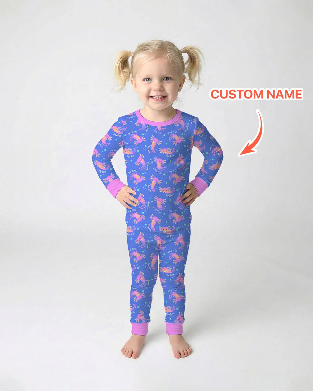 Pijama de dos piezas de manga larga de bambú con nombre personalizado y diseño de ajolote que brilla en la oscuridad