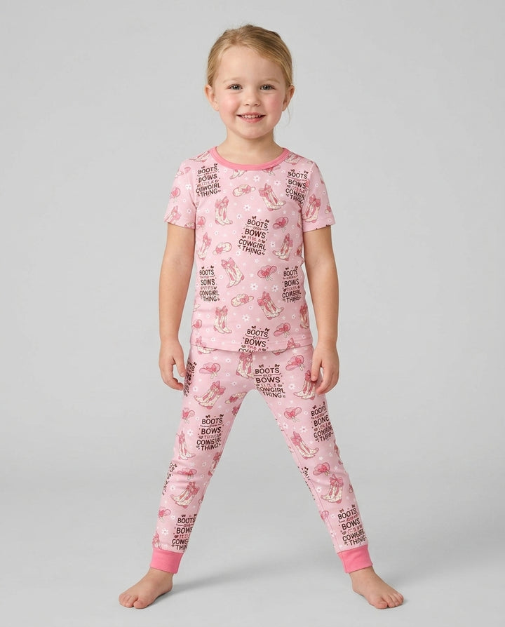 Western Cowgirl Boots And Bows Bamboo Two Piece Short Sleeve Pajama Set