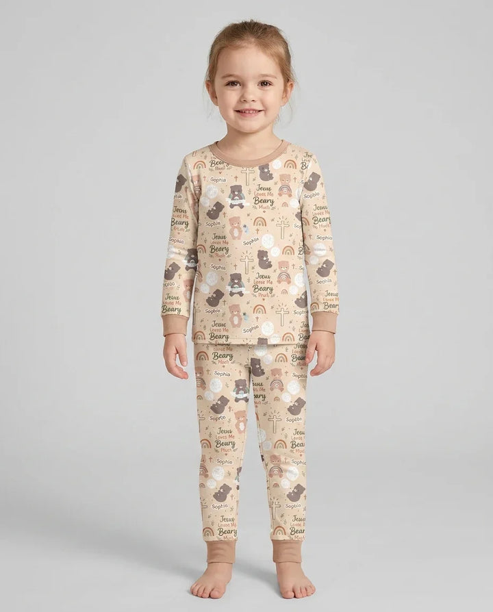 Custom Name Jesus Loves Me Beary Much Bamboo Two Piece Long Sleeve Pajama Set