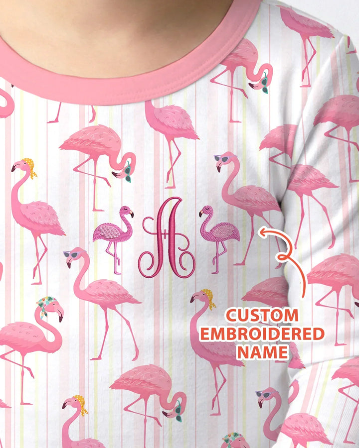 Custom Name Embroidered Flamingo Bamboo Two Piece Long Sleeve Pajama Set