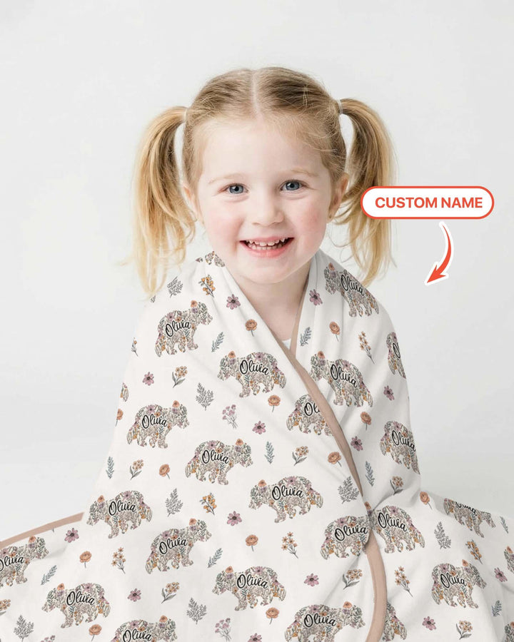 Custom Name Floral Bear Family Matching Bamboo Blanket