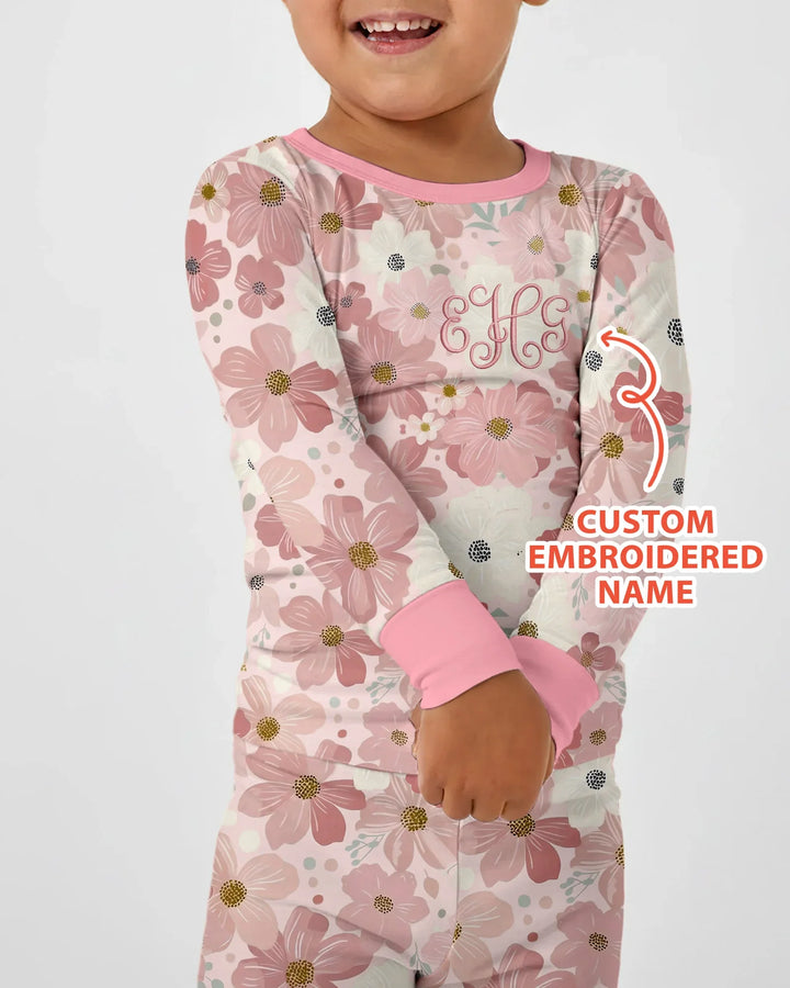Pijama de dos piezas de manga larga de bambú floral con nombre bordado personalizado