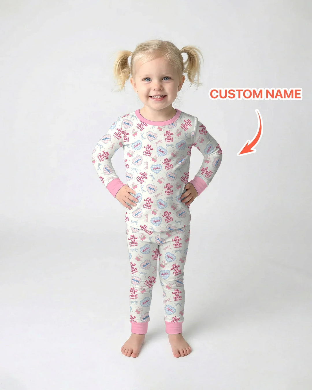 He Loved Us First Custom Name Bamboo Two Piece Long Sleeve Pajama Set