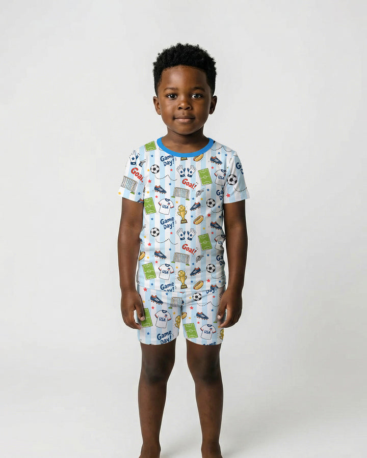 Striped Soccer Game Day Family Matching Bamboo Two Piece Short Sleeve Shorts Pajama Set