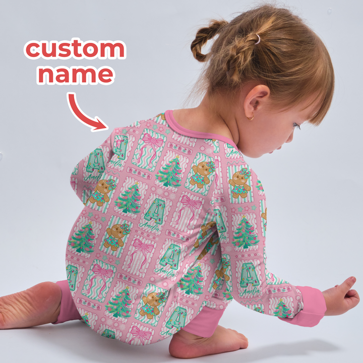 Custom Name "Merry Pink Christmas" Two Piece Long Sleeve Pajama Set