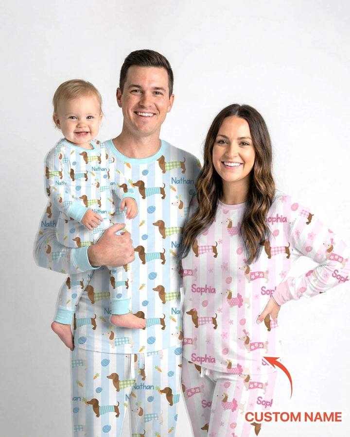 Custom Name Easter Dachshunds Family Matching Two Piece Long Sleeve Pajama Set