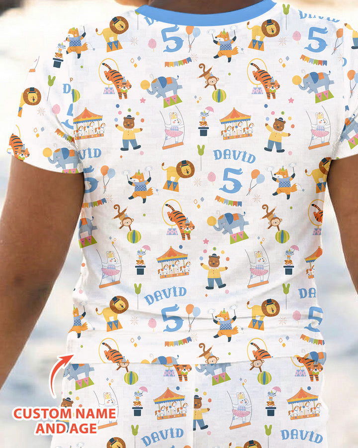 Custom Name Birthday Circus Bamboo Two Piece Short Sleeve Pajama Set