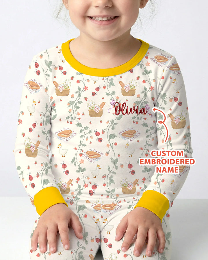 Custom Name Embroidered Picnic Time Bamboo Two Piece Long Sleeve Pajama Set