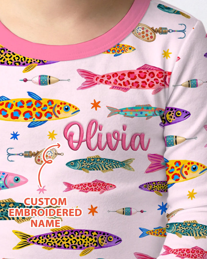 Pijama de dos piezas de bambú de manga larga con bordado de nombre personalizado de peces de colores