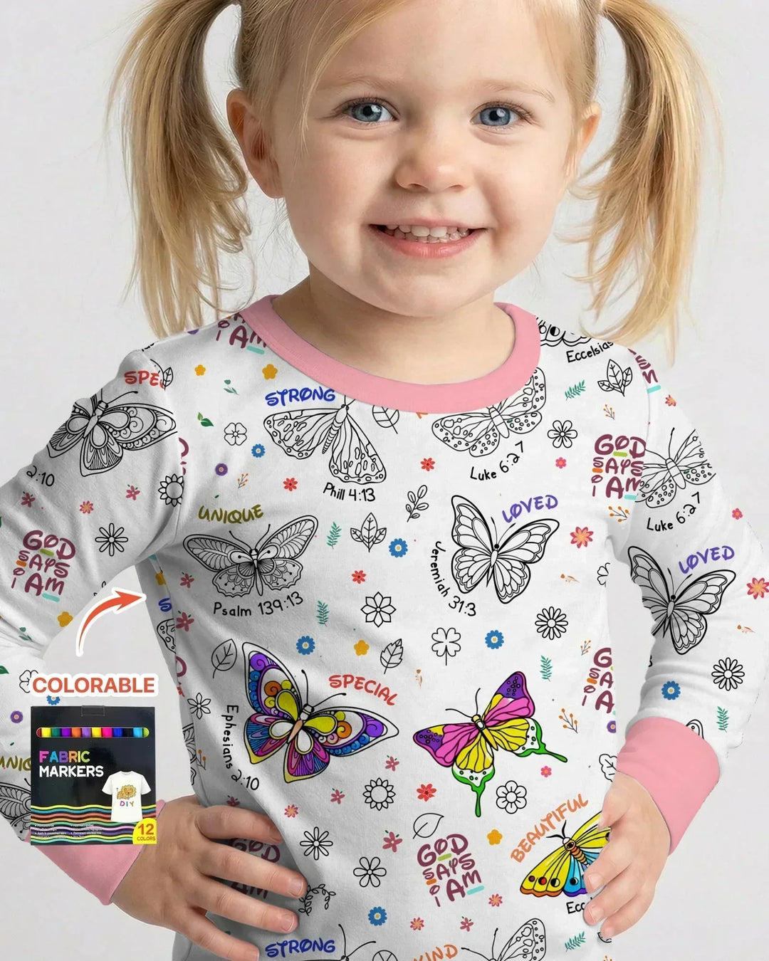 Colorable God Says I Am Butterfly Two Piece Long Sleeve Pajama Set