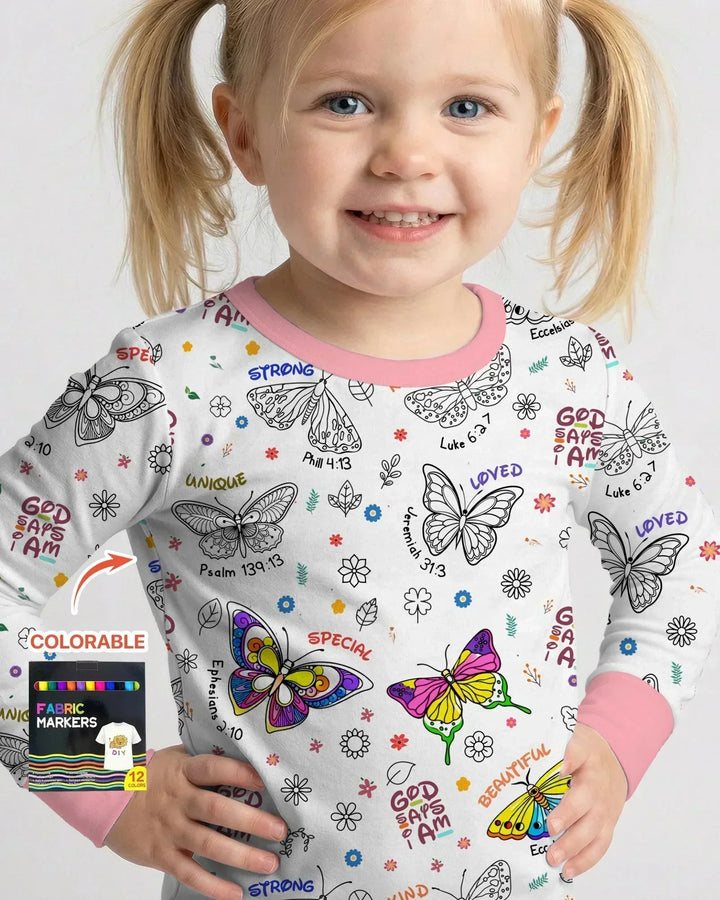 Colorable God Says I Am Butterfly Two Piece Long Sleeve Pajama Set