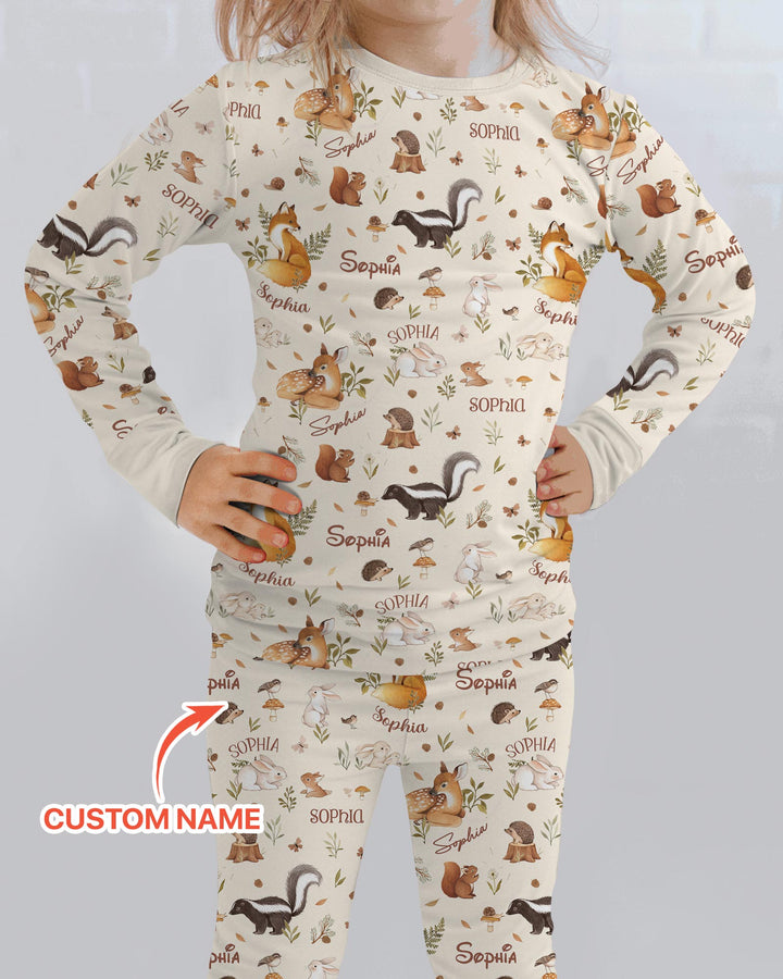 Custom Name Woodland Friends Bamboo Two Piece Long Sleeve Pajama Set