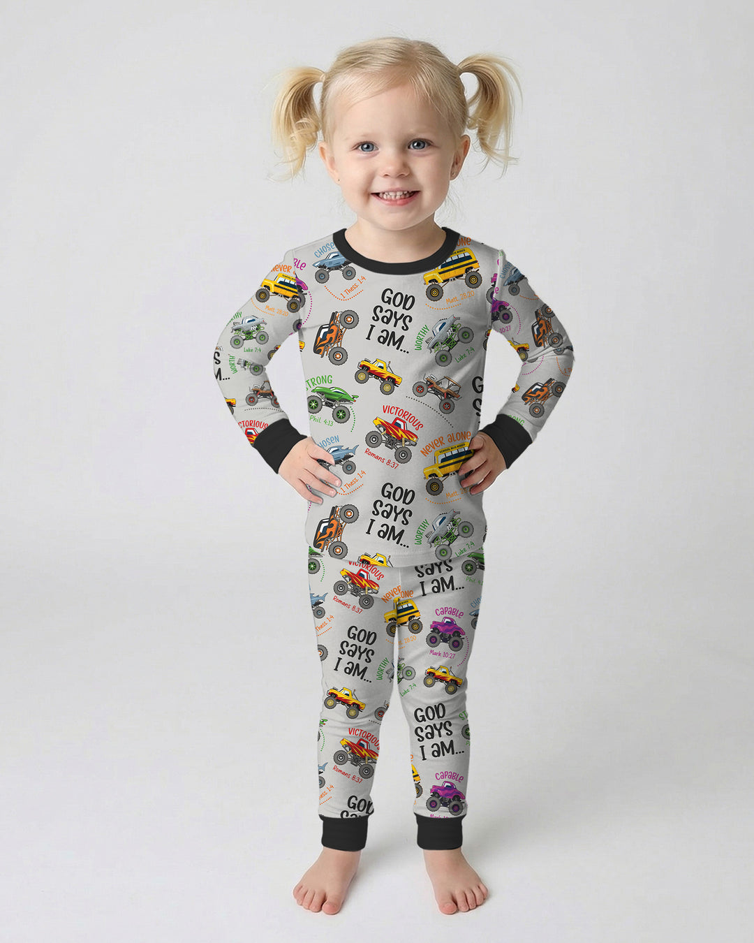 God Says I Am Monster Truck Bamboo Two Piece Long Sleeve Pajama Set