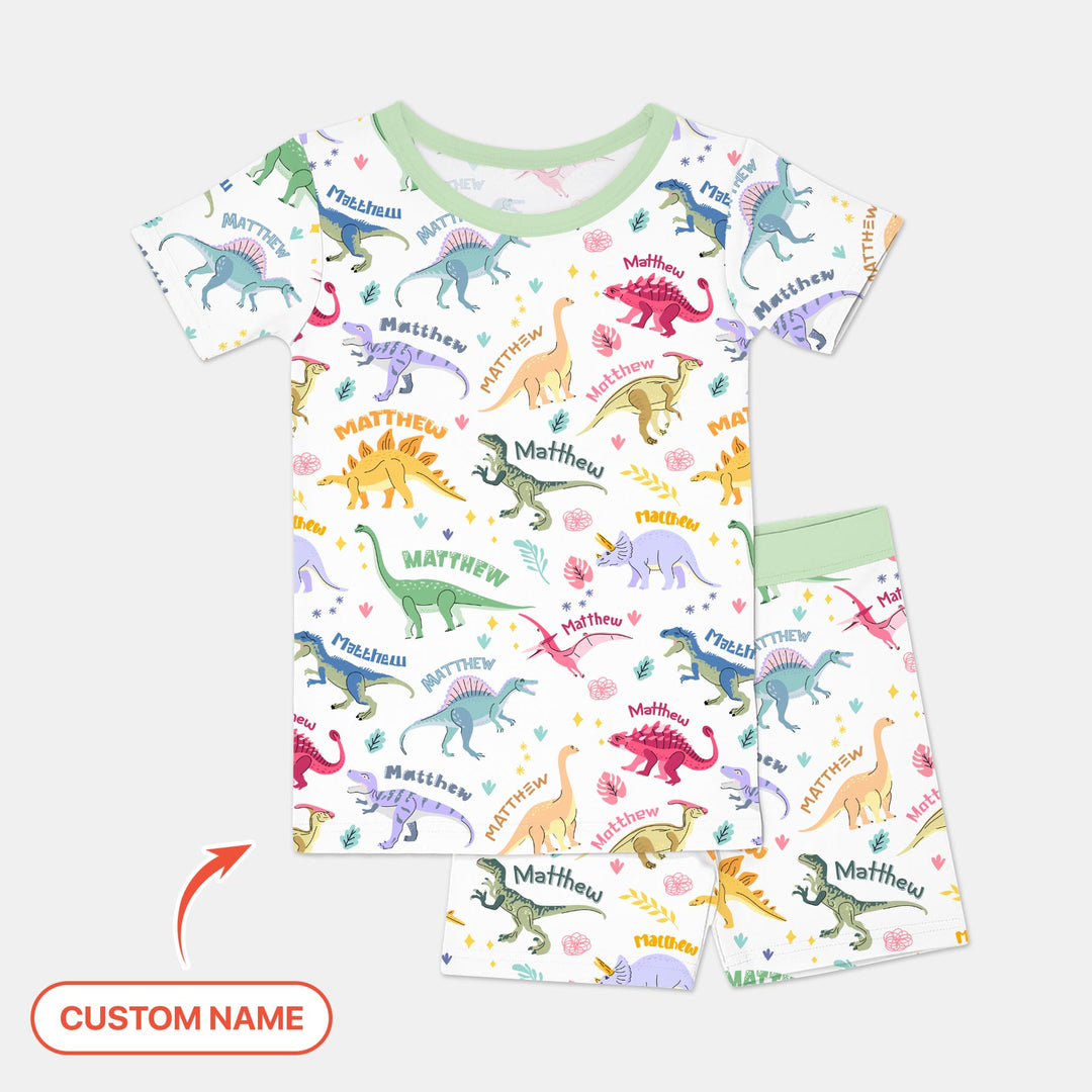 Dino Roar Custom Name Two Piece Short Sleeve Shorts Pajama Set
