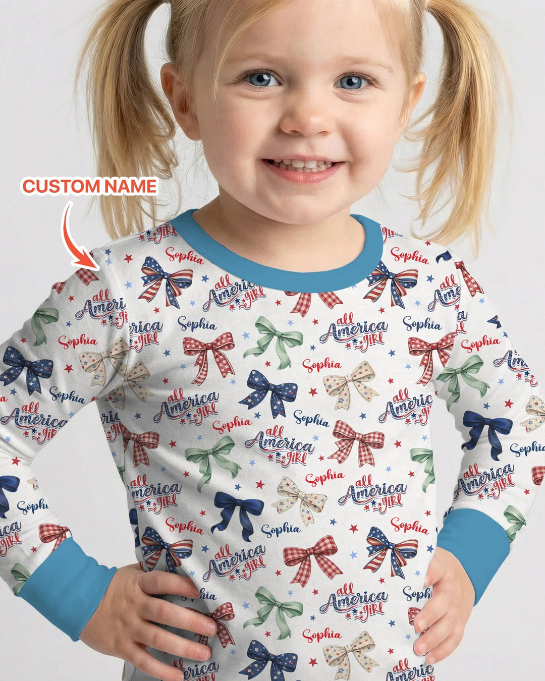 Custom Name All American Girl Bamboo Two Piece Long Sleeve Pajama Set