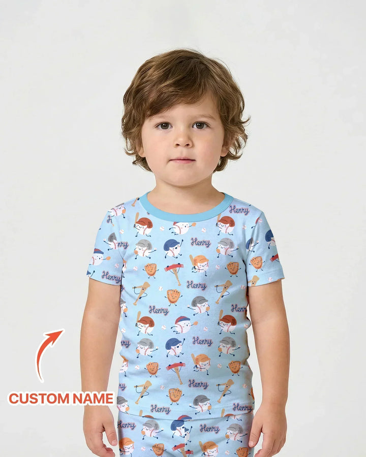 Custom Name Ballparl Family Matching Bamboo Two Piece Short Sleeve Shorts Pajama Set