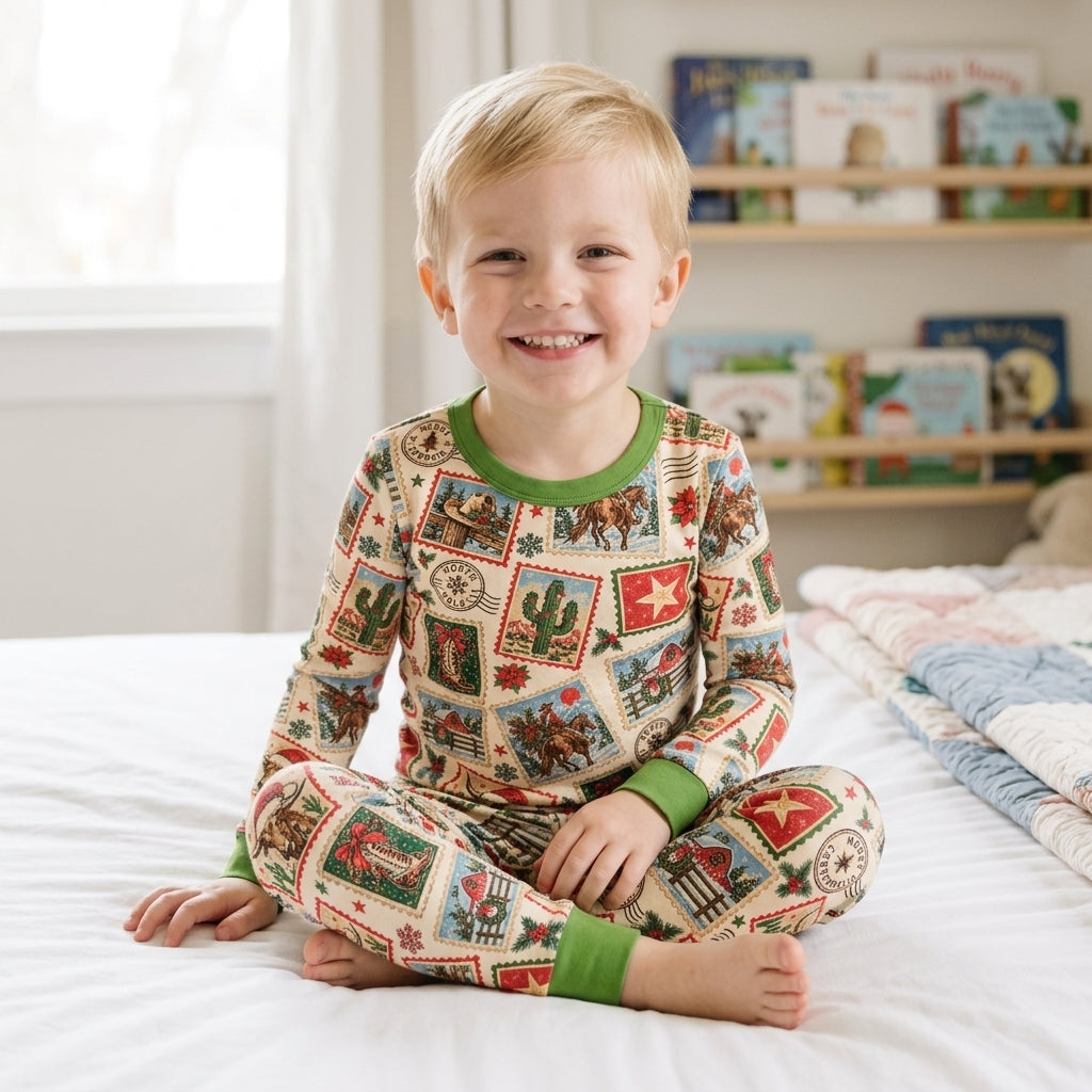 Western Christmas Stamps Bamboo Two Piece Long Sleeve Pajama Set