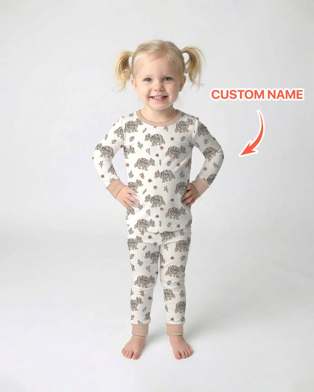 Custom Name Floral Bear Family Matching Bamboo Two Piece Long Sleeve Pajama Set