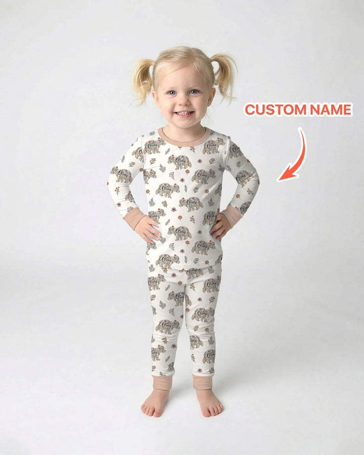 Custom Name Floral Bear Family Matching Bamboo Two Piece Long Sleeve Pajama Set