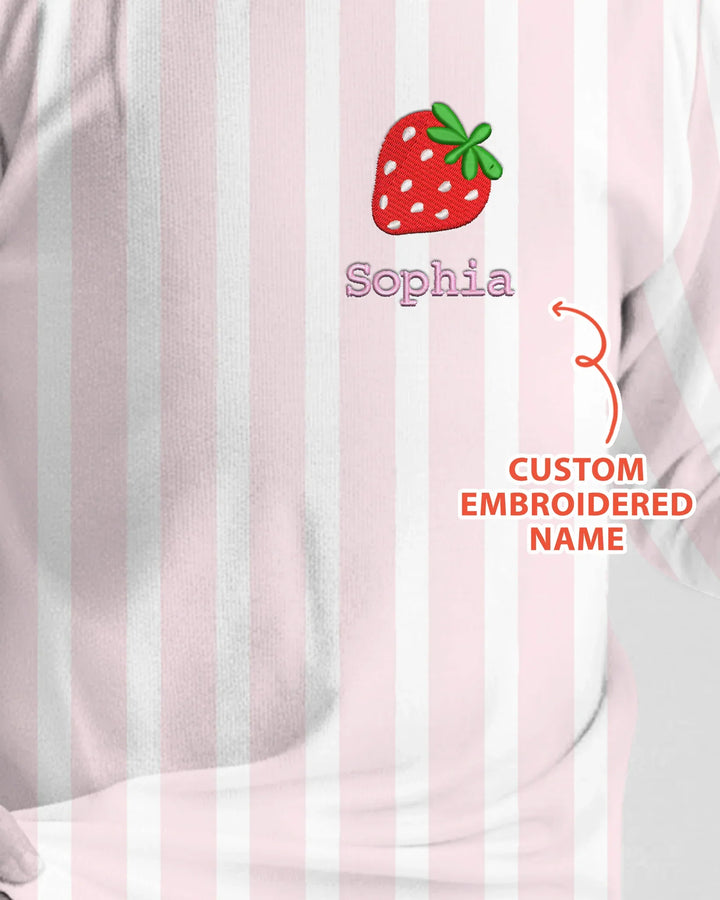 Pijama de dos piezas de bambú rosa con rayas bordado personalizado de manga larga para bebé
