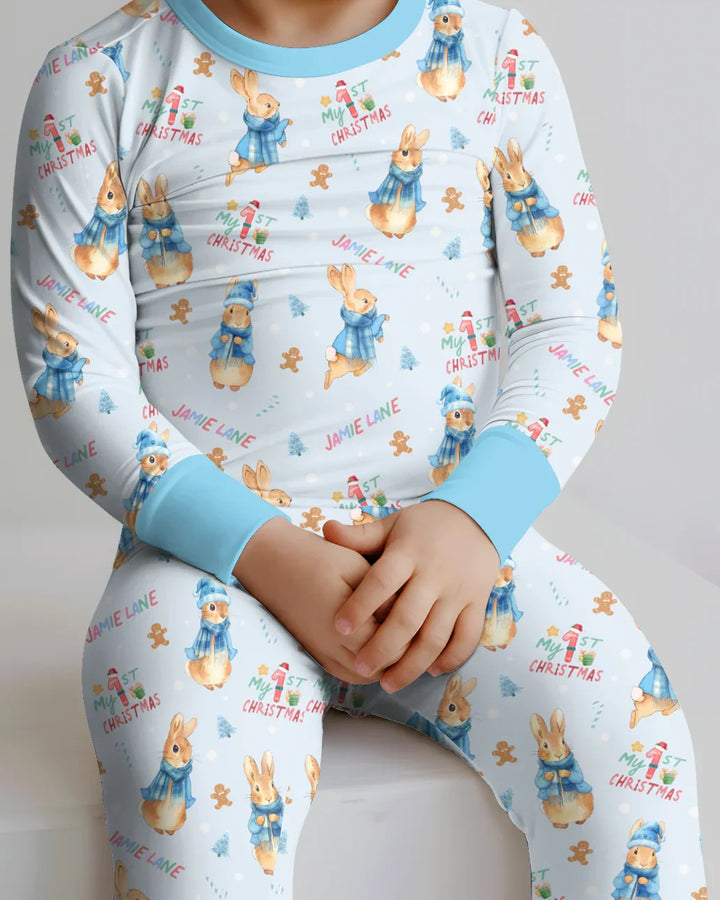 Custom 1st Christmas Rabbit Two Piece Long Sleeve Pajama Set , Custom 1st Christmas Rabbit Two Piece Long Sleeve Pajama Set - 12-18M