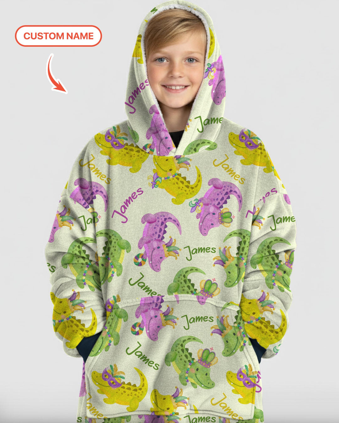 Custom Name Mardi Gras Alligator Wearable Blanket Hoodie