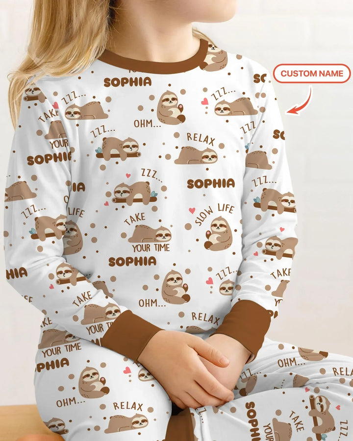Custom Name Cute Sloth Two Piece Long Sleeve Pajama Set