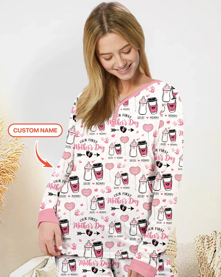 Custom Name First Mother's Day Drink Bamboo Women Pajama Set