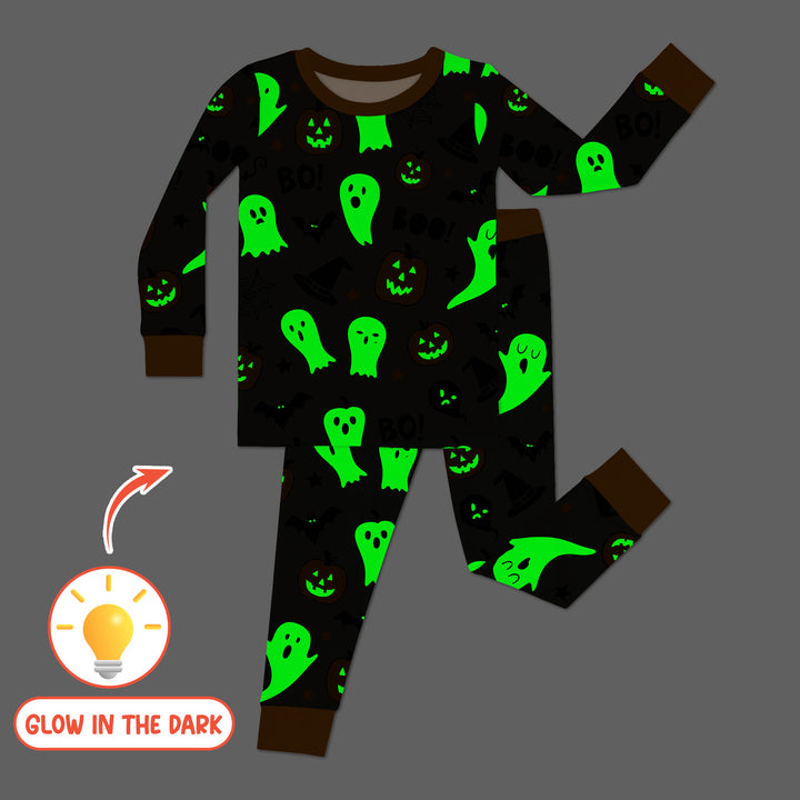 Halloween Boo & Pumpkin Glow In The Dark Two Piece Long Sleeve Pajama Set