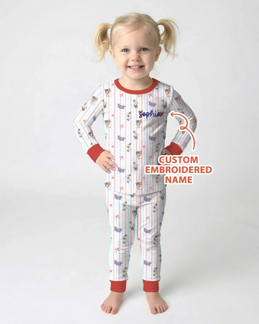 Personalized Cute Goose America 250 Embroidered Bamboo Two Piece Long Sleeve Pajama Set