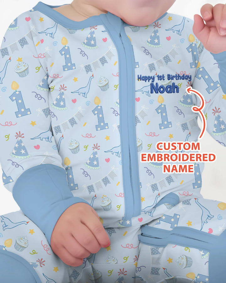 Personalized 1st Birthday Boy Embroidered Baby Bamboo Convertible Zippy