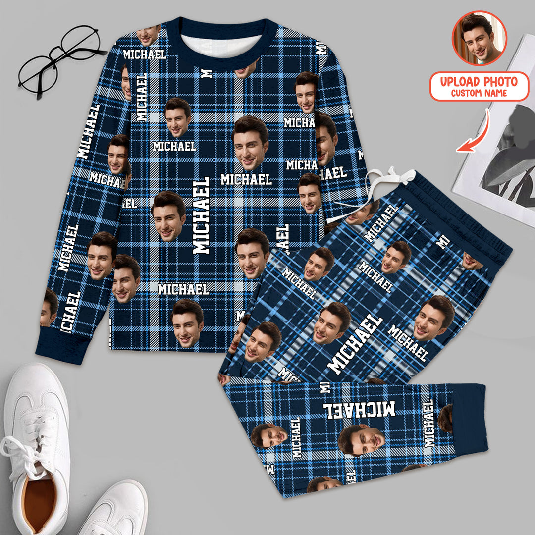 Custom Photo Name Kid Two Piece Long Sleeve Pajama Set For Christmas