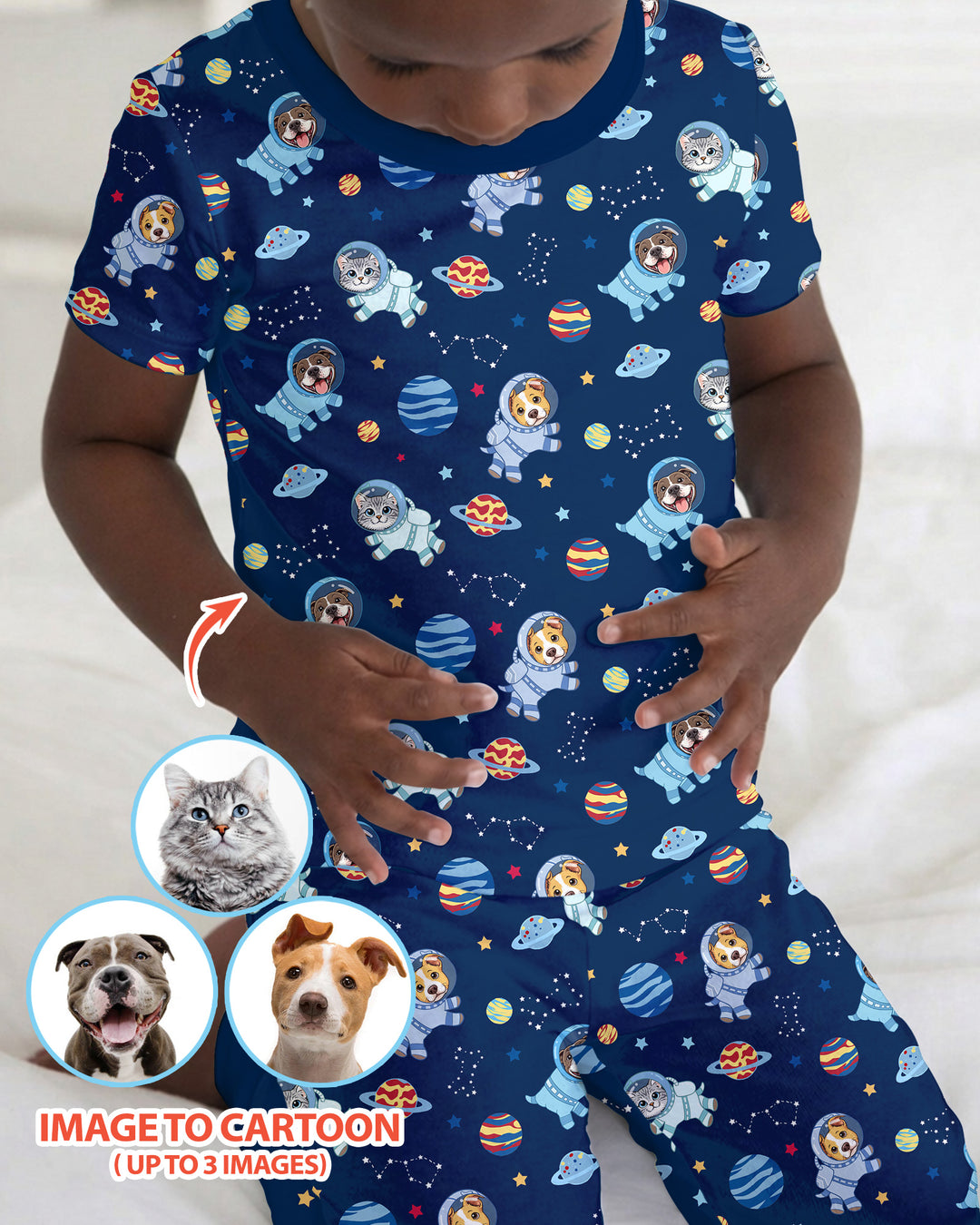 Astronaut Custom Pet Image Family Matching Bamboo Two Piece Short Sleeve Pajama Set