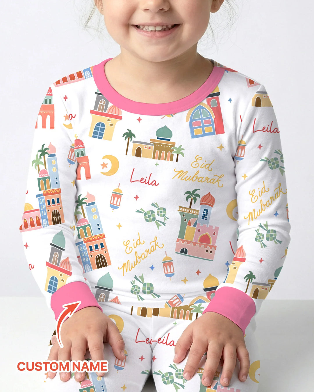 Eid Mubarak Custom Name Two Piece Long Sleeve Pajama Set