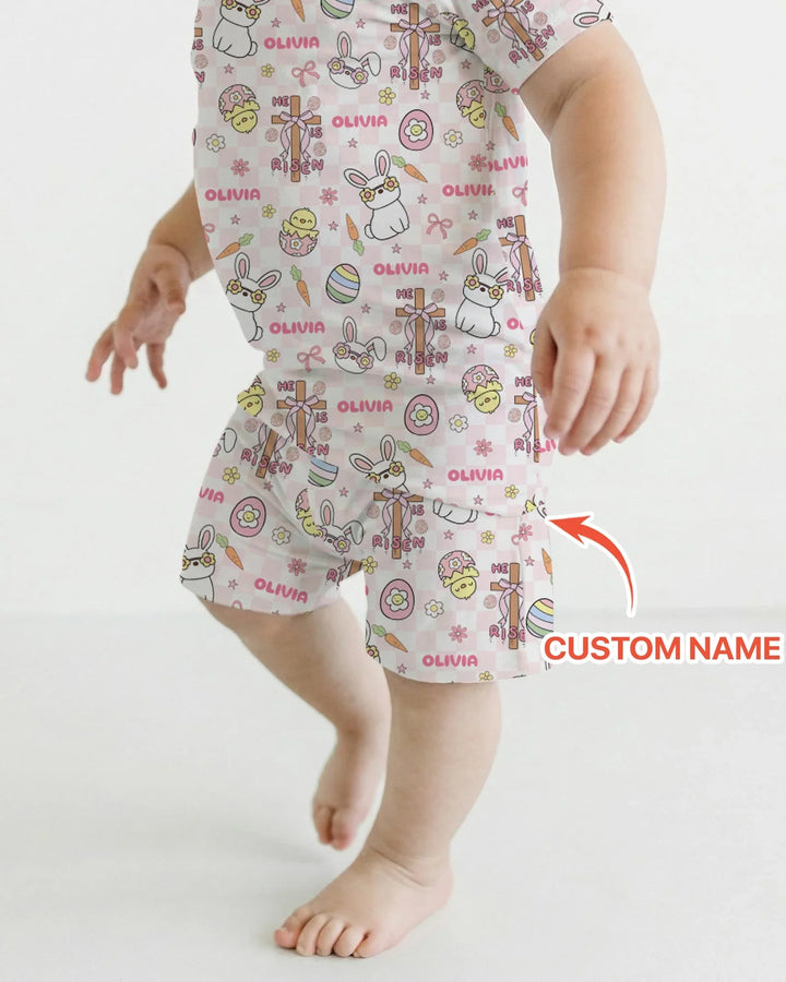 Custom Name Retro Easter Two Piece Short Sleeve Shorts Pajama Set