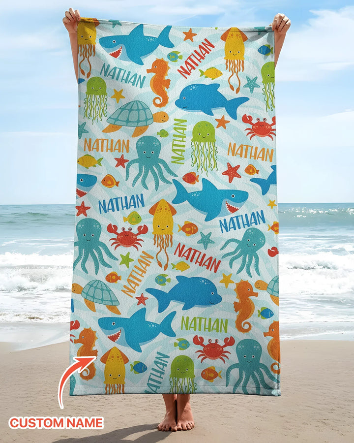 Custom Name Sea Life Kid Beach Towel