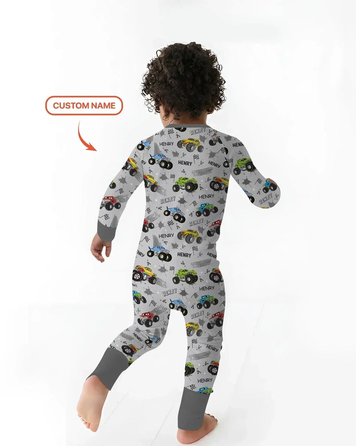 Monster Truck Dirt Jam Custom Name Daddy & Me Matching Two Piece Long Sleeve Pajama Set