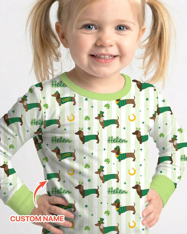 Lucky Dachshunds St. Patrick's Day Family Matching Two Piece Long Sleeve Pajama Set