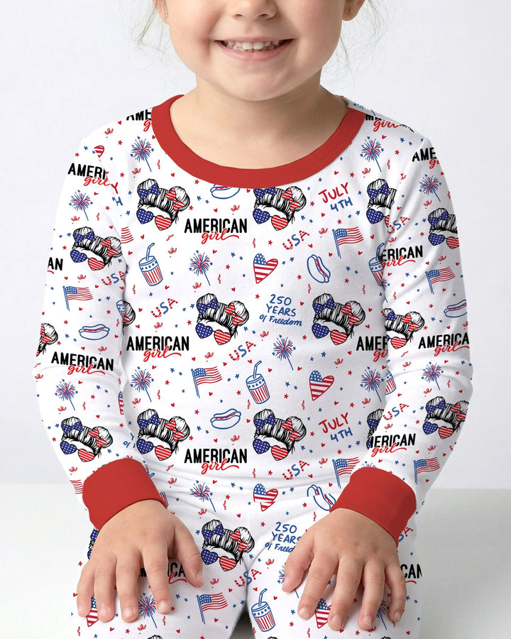 Doodle American Flag Glasses Family Matching Bamboo Two Piece Long Sleeve Pajama Set