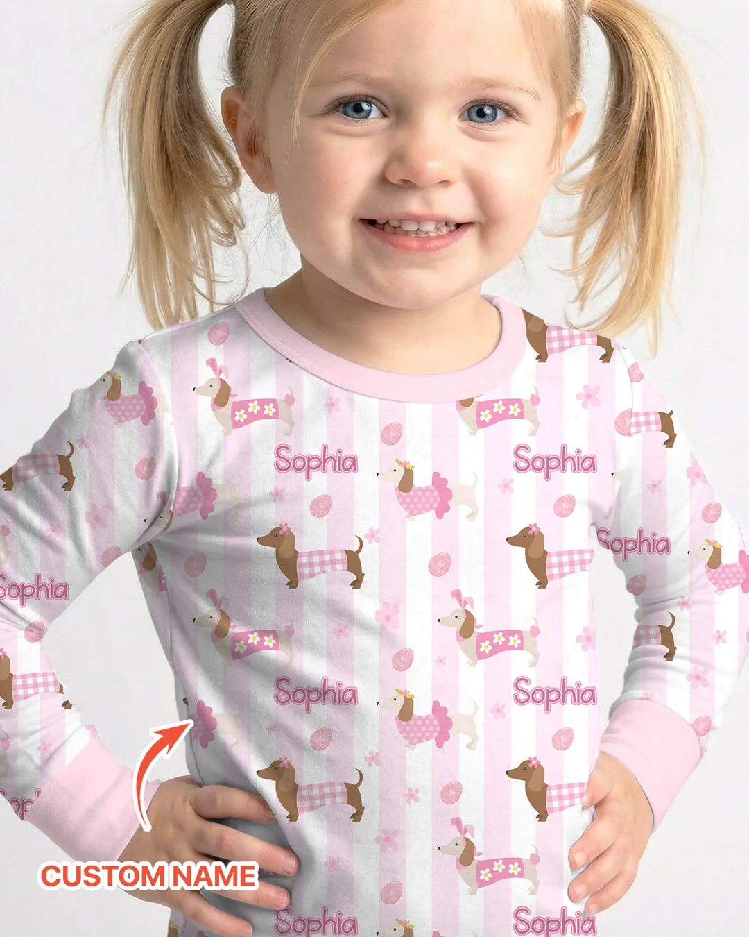 Custom Name Easter Dachshunds Family Matching Two Piece Long Sleeve Pajama Set