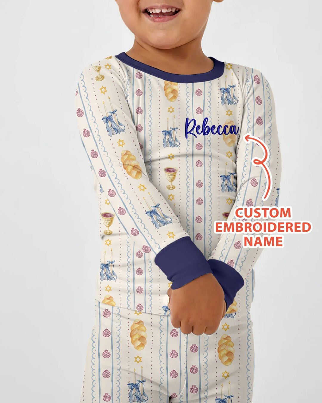 Custom Embroidered Name Shabbat Matching With Mom Bamboo Two Piece Long Sleeve Pajama Set