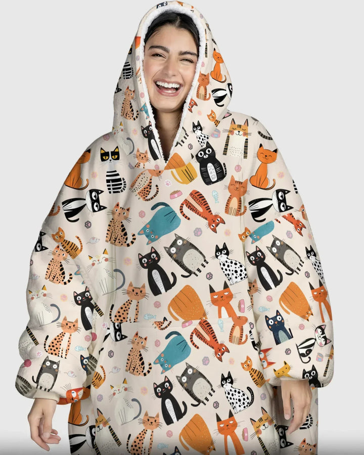 Manta Sudadera con Capucha de Bambú Personalizada a Juego para Familia de Gatos Traviesos y Tontos