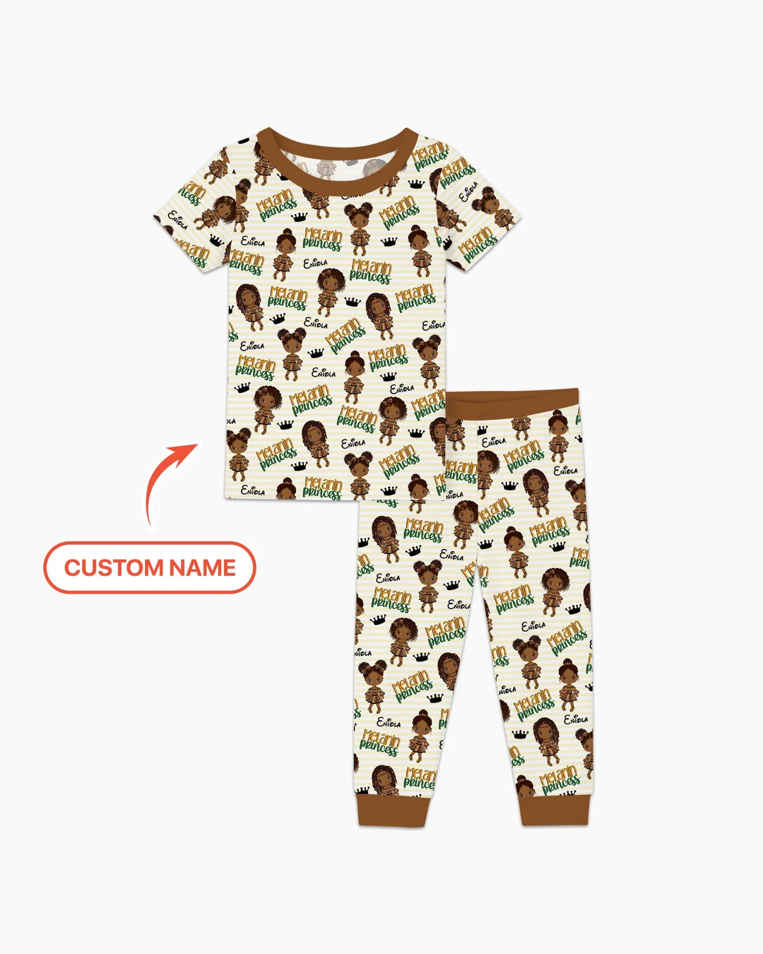 Custom Name Melanin Princess Bamboo Two Piece Short Sleeve Pajama Set